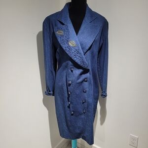 The French Fact Vintage Dbl Breasted Embroidered Denim Coat Dress Size 12 Blue